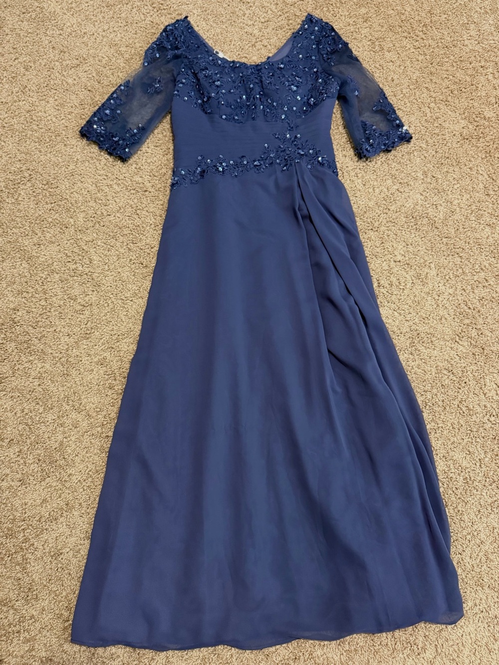JJs House Navy Blue Beaded Chiffon Evening Gown